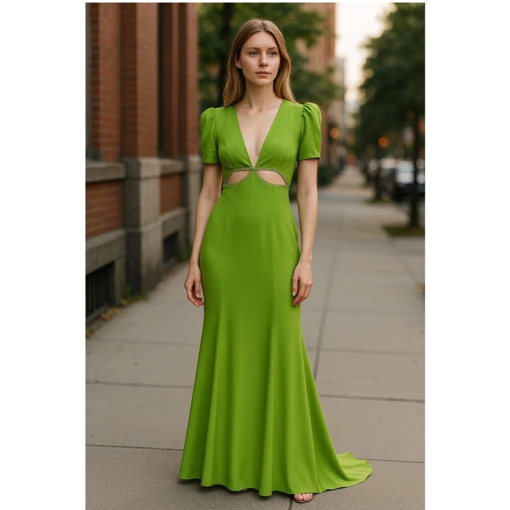 Ieena Mac Duggal 2630 Puff-Sleeve Cut-Out Gown Maxi Dress Apple Green Size 8 NEW
